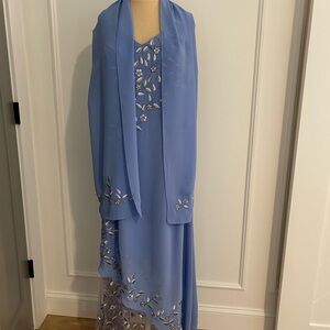 Stunning Fiesta Mother-of-the-Bride Embroidered Dress w/ Shawl, EUC, Periwinkle
